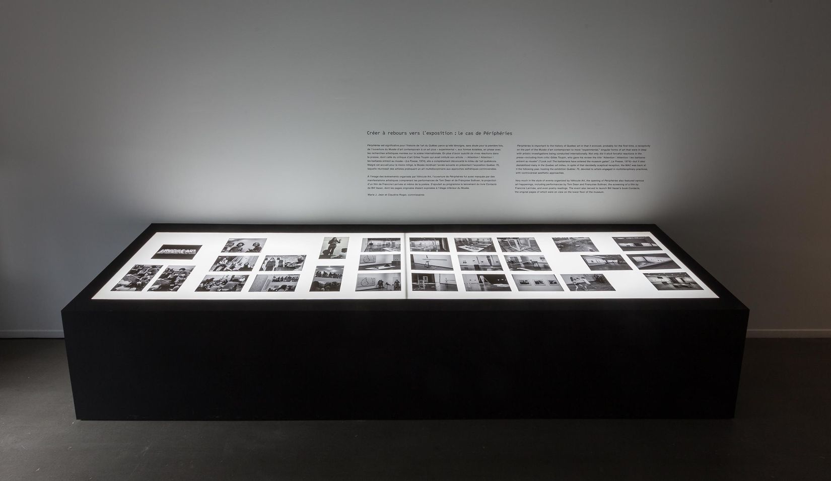 Vue de l'exposition Créer à rebous vers l'exposition : le cas de Périphéries, VOX, 2017. Photo : Michel Brunelle.